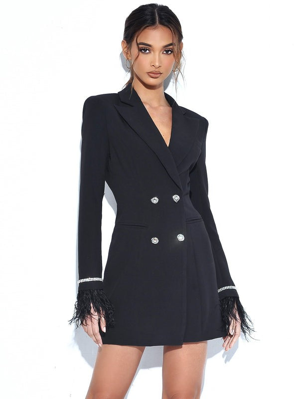 Quilla Black Feather Crystal Sleeve Backless Blazer Dress WAMA>MODA Quilla Black Feather Crystal Sleeve Backless Blazer Dress WAMA>MODA