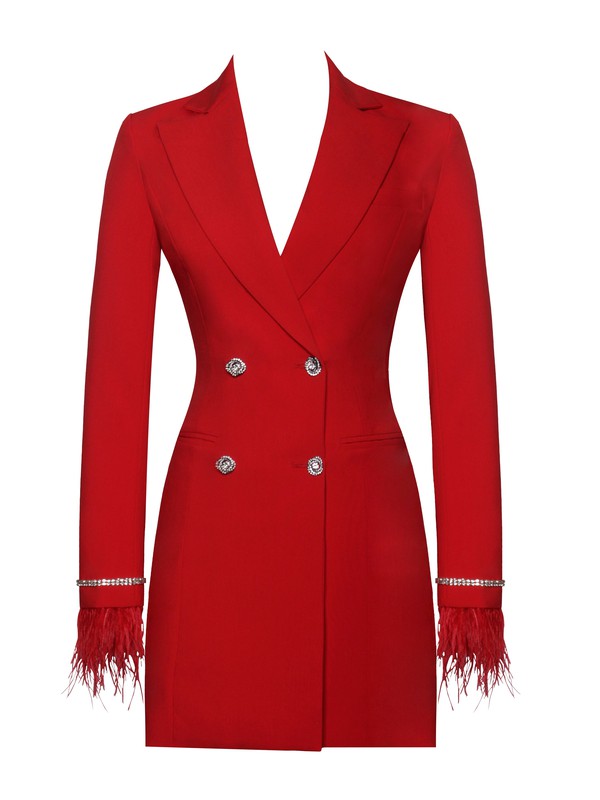 Quilla Red Feather Crystal Sleeve Blazer Dress