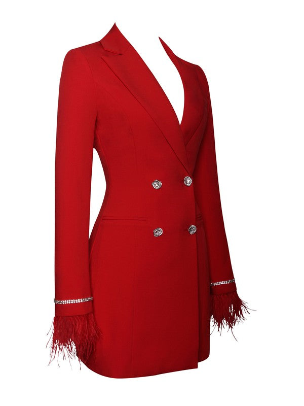 Quilla Red Feather Crystal Sleeve Blazer Dress