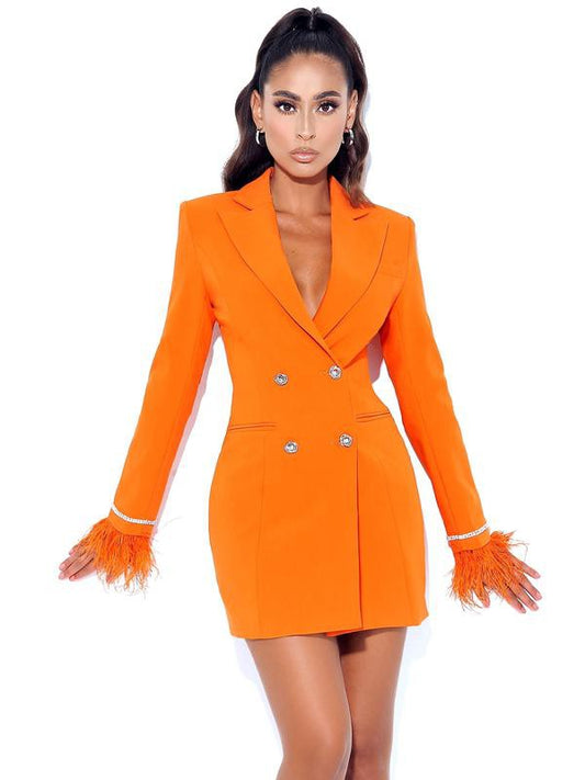 Quilla Orange Feather Crystal Sleeve Blazer Dress