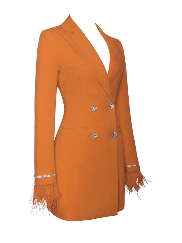 Quilla Orange Feather Crystal Sleeve Blazer Dress