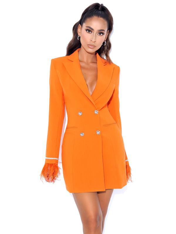 Quilla Orange Feather Crystal Sleeve Blazer Dress