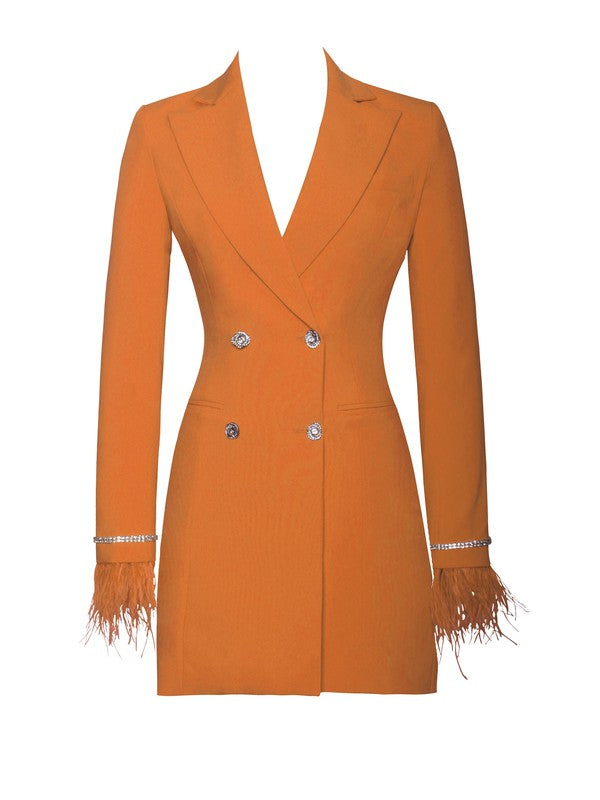 Quilla Orange Feather Crystal Sleeve Blazer Dress