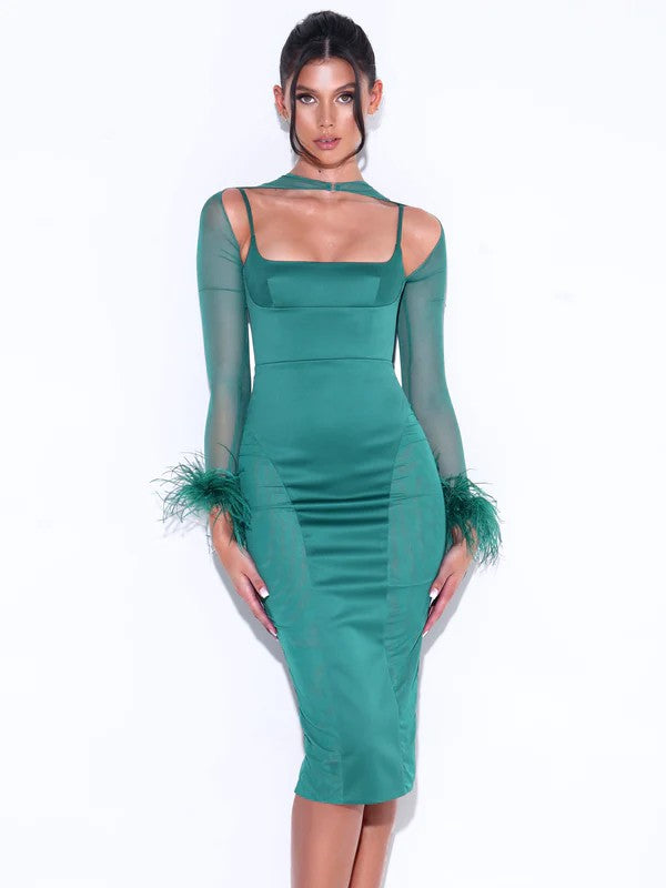 Oaklie Emerald Green Satin Mesh Sleeve Dress