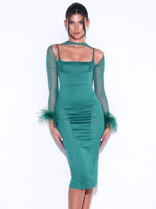 Oaklie Emerald Green Satin Mesh Sleeve Dress