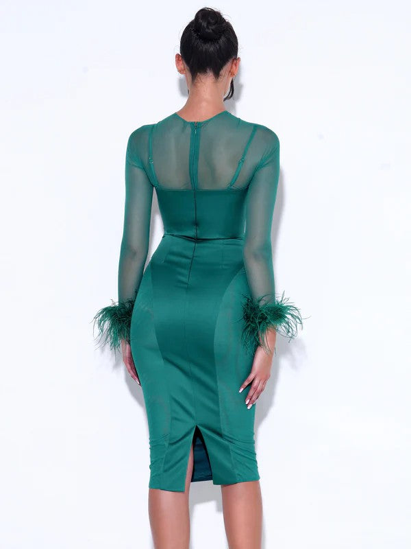 Oaklie Emerald Green Satin Mesh Sleeve Dress