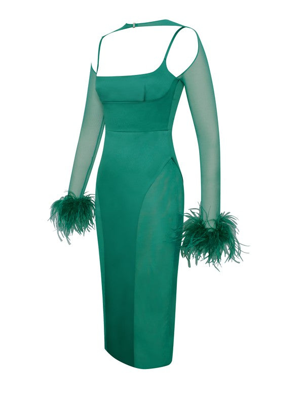 Oaklie Emerald Green Satin Mesh Sleeve Dress