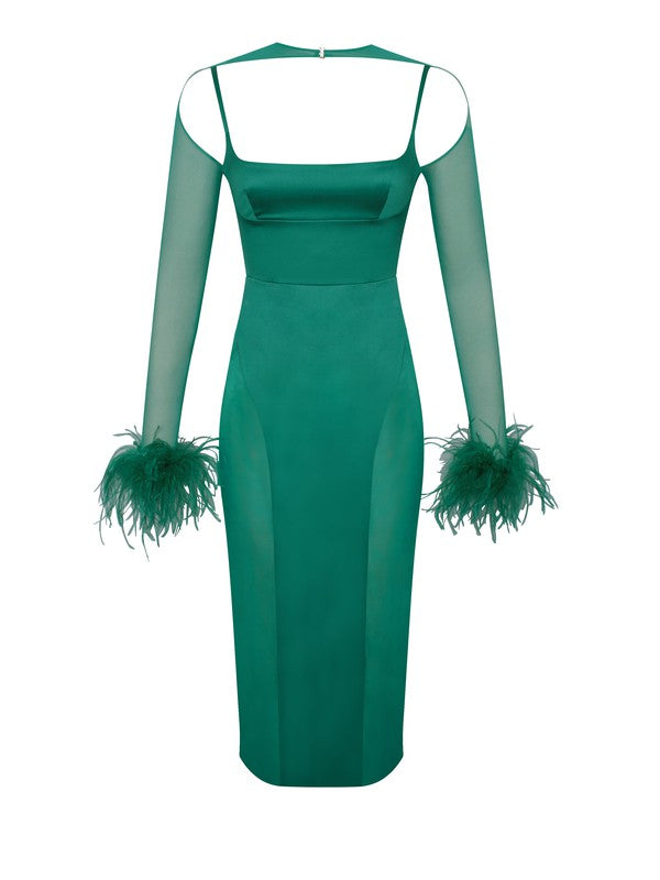 Oaklie Emerald Green Satin Mesh Sleeve Dress