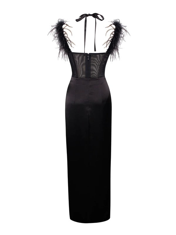 Odell Black Satin Corset Gown with Feather Strap