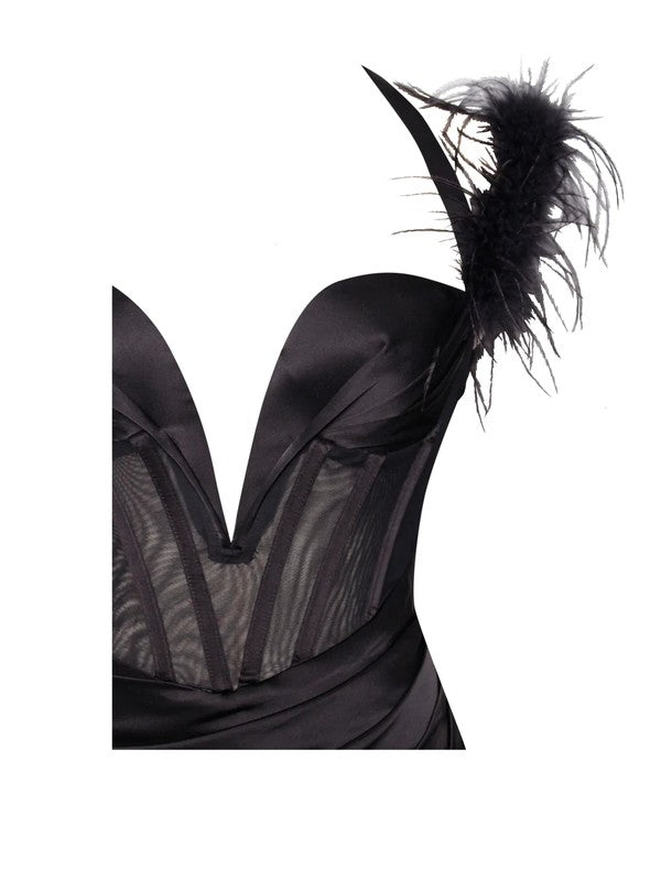 Odell Black Satin Corset Gown with Feather Strap