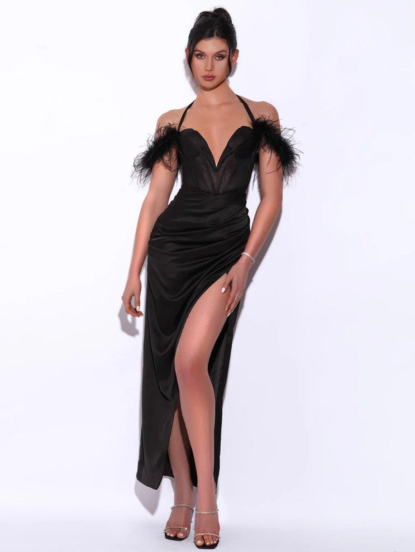 Odell Black Satin Corset Gown with Feather Strap