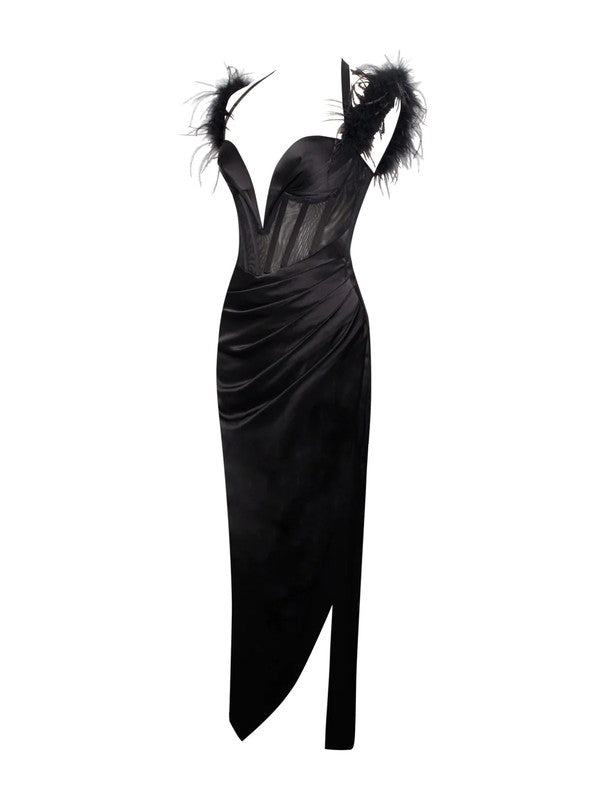 Odell Black Satin Corset Gown with Feather Strap