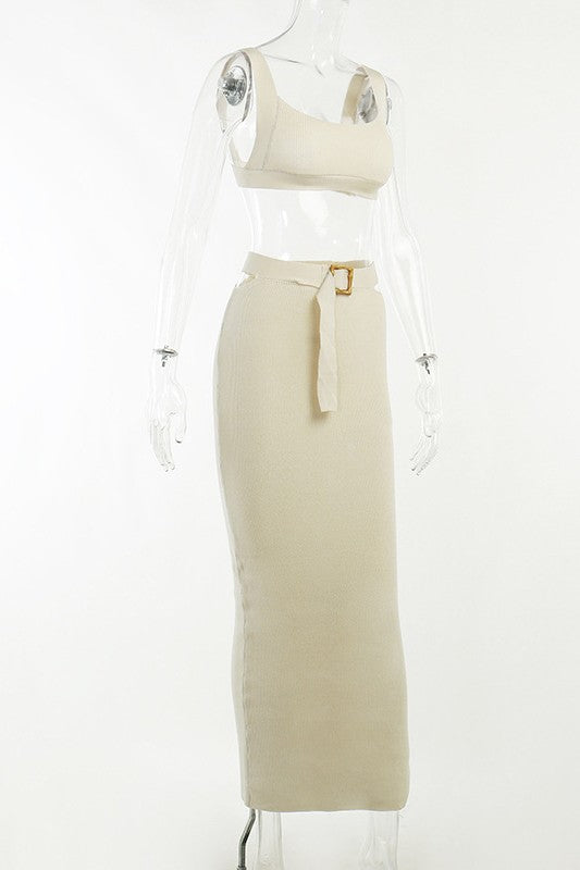 Knitted Belt Maxi Skirt and Open Back Top 2pc SET