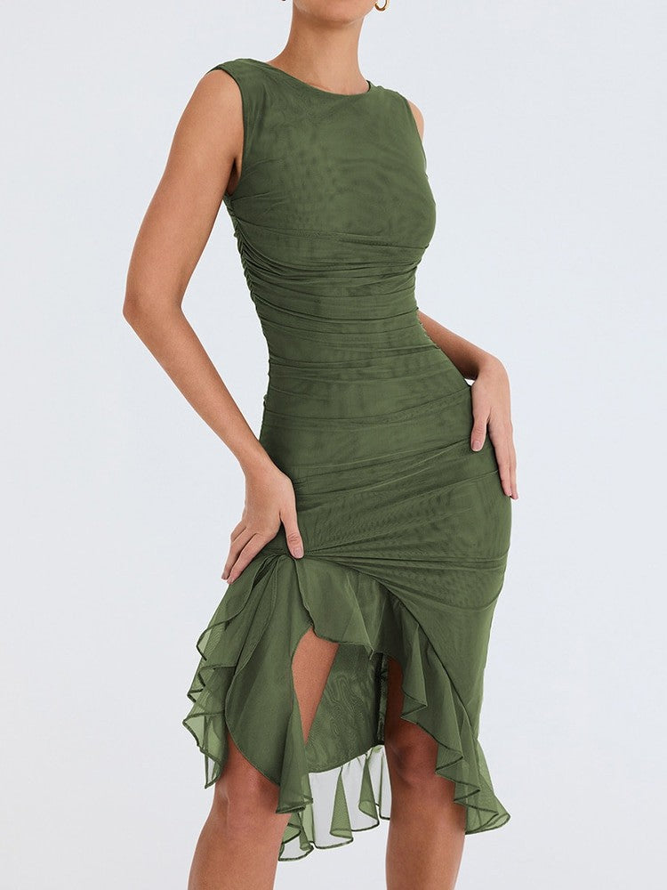 Sleeeveless Ruffled Hem Ruched Midi Dress