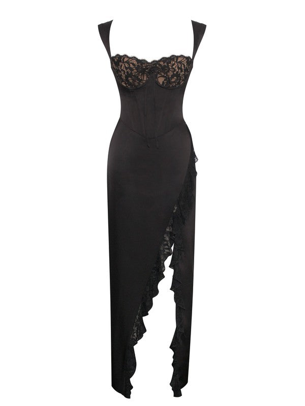 Freddie Black Lace Satin Maxi Corset Dress