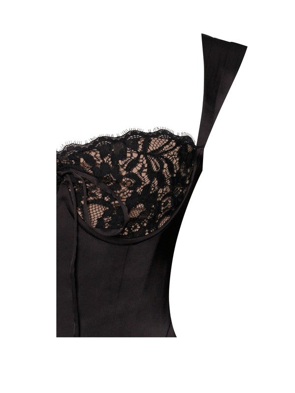 Freddie Black Lace Satin Maxi Corset Dress