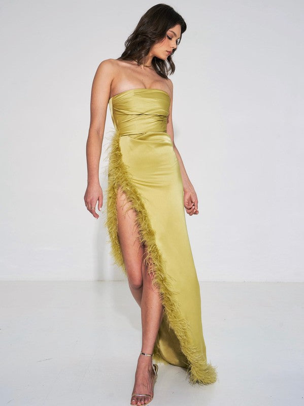 Perrin Olive Feather High Slit Gown