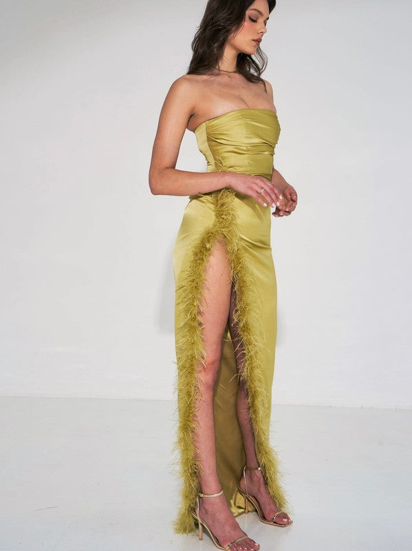 Perrin Olive Feather High Slit Gown