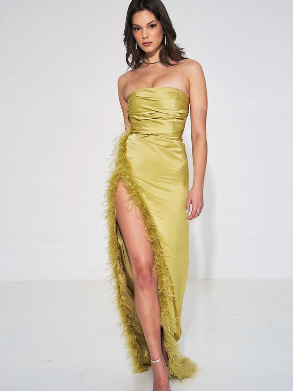 Perrin Olive Feather High Slit Gown