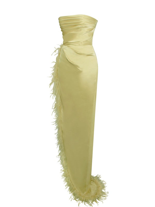 Perrin Olive Feather High Slit Gown