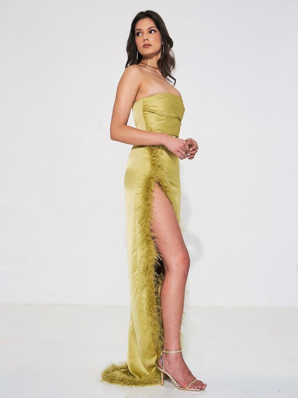 Perrin Olive Feather High Slit Gown