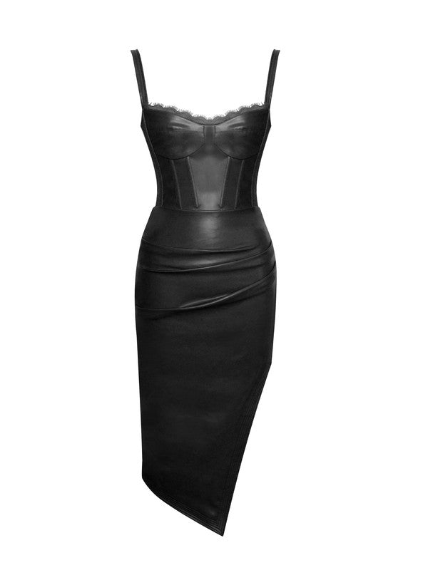 Betsy Black Corset Leather Dress with Lace