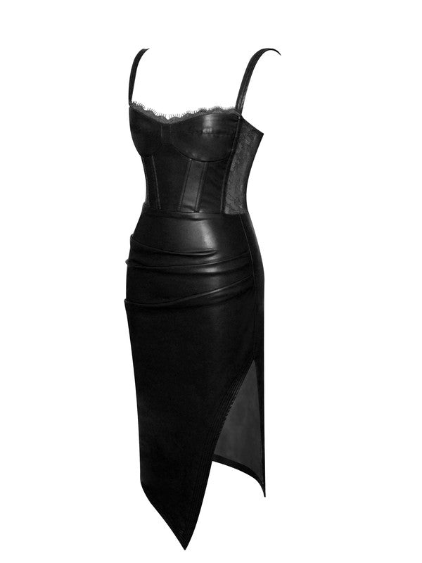 Betsy Black Corset Leather Dress with Lace