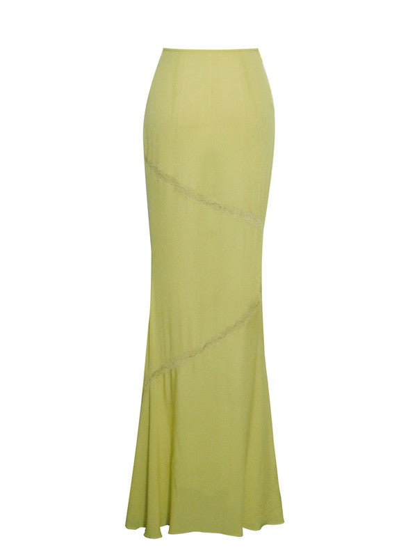 Dreda Olive Luxe Rayon Lace Trim Maxi Skirt