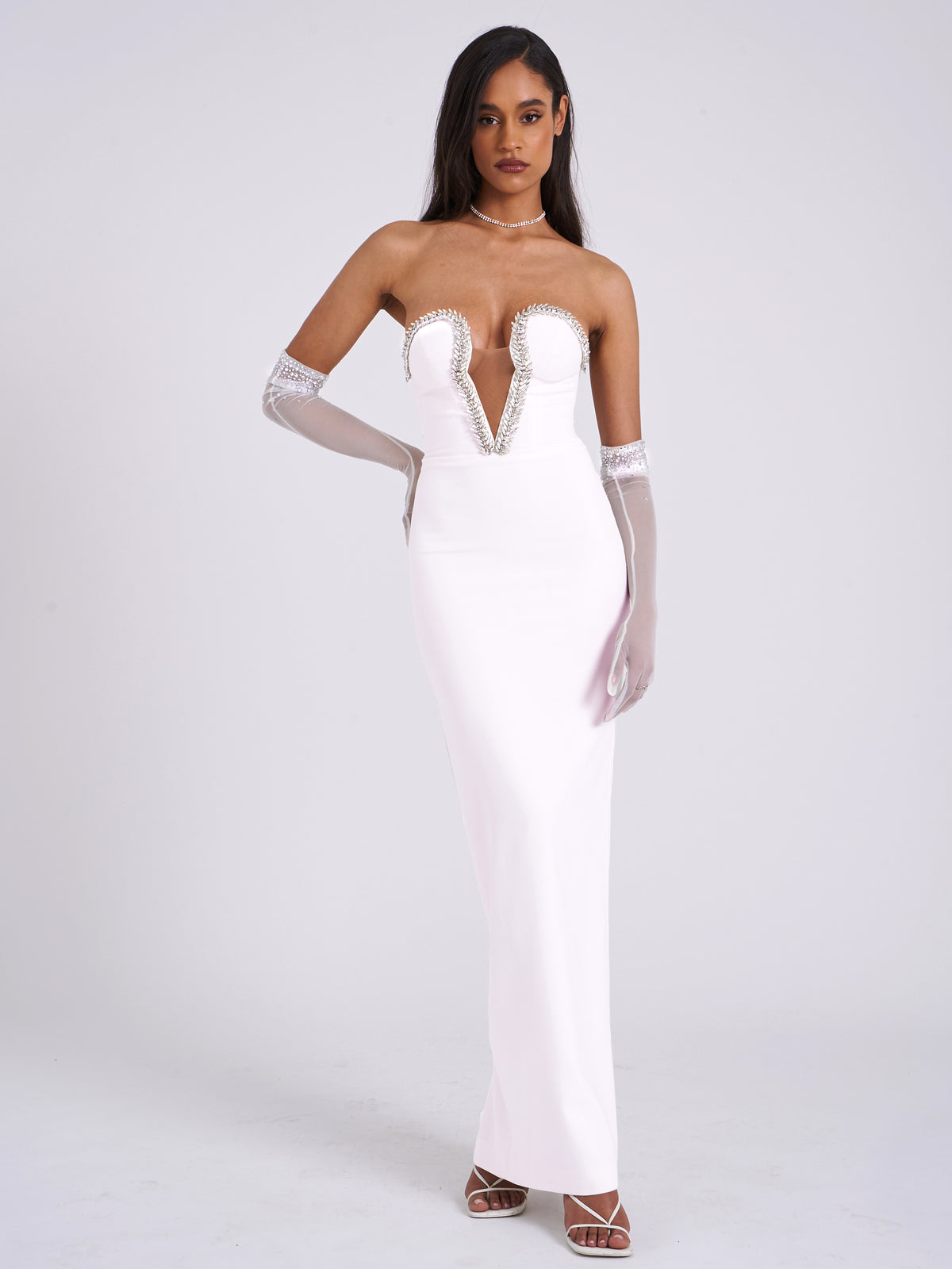 Ivanna White Crystal Embellished Maxi Dress