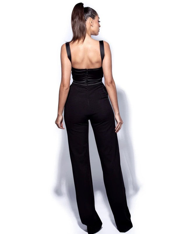 Onika Black Satin and Crepe Jumpsuit