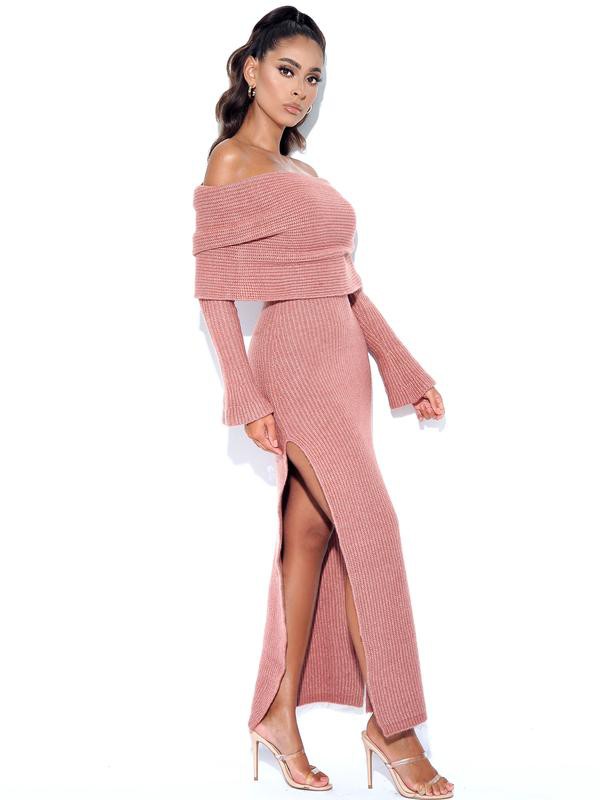 Esther Dusty Pink Off Shoulder Long Sweater Dress with Foldover Neckline