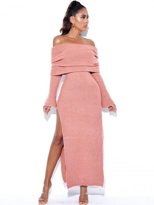 Esther Dusty Pink Off Shoulder Long Sweater Dress with Foldover Neckline