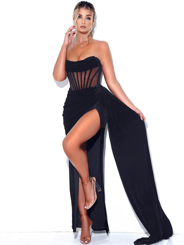 Priya Black Draping Corset High Slit Velvet Gown