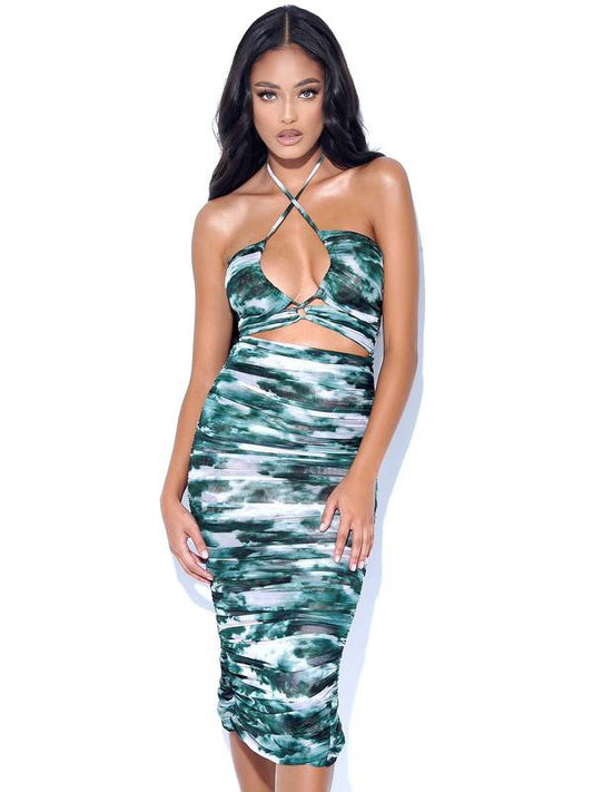 Quincee Green Mesh Print Cutout Lace Up Dress