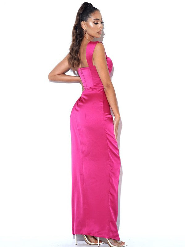 Zarah Fuchsia High Slit Corset Satin Dress