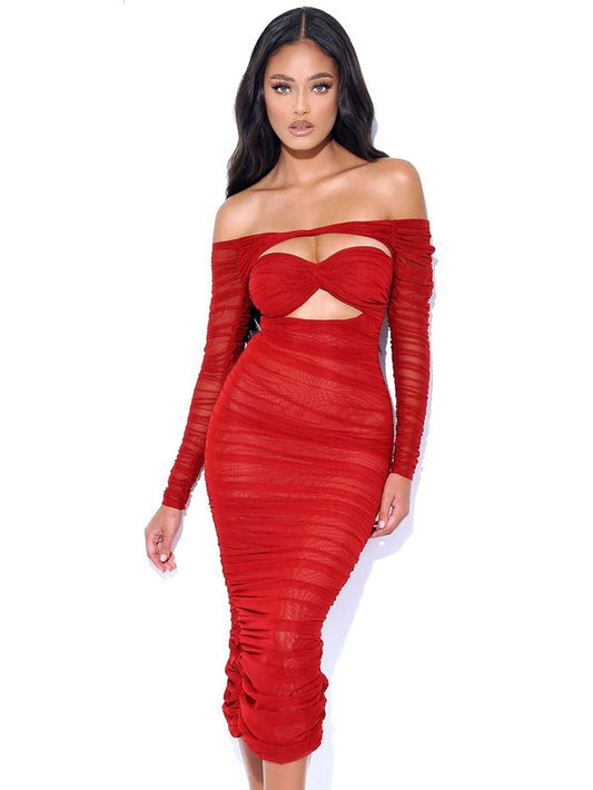 Terra Burgundy Mesh Off Shoulder Cutout Midi Dress