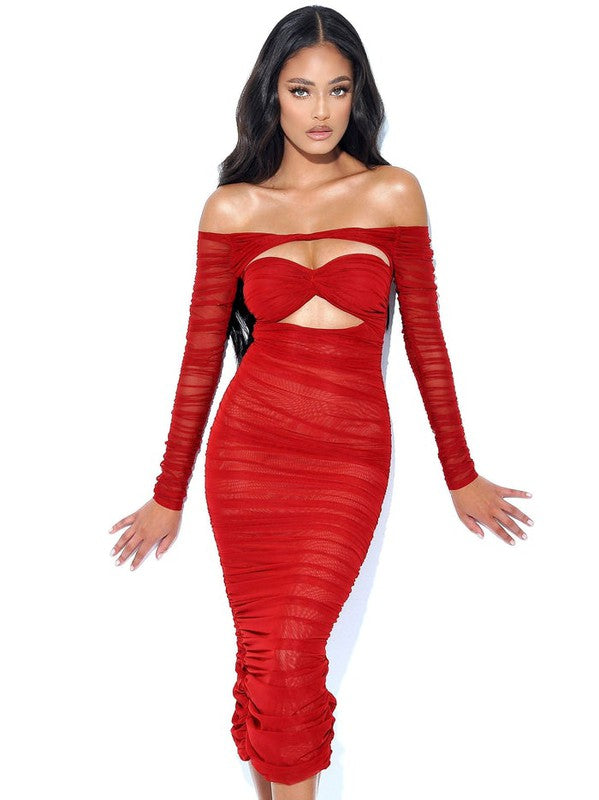 Terra Burgundy Mesh Off Shoulder Cutout Midi Dress