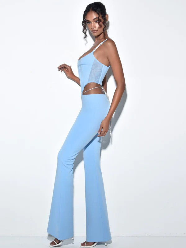 Tova Baby Blue Crystal Waist Strap Flare Pants (PANTS ONLY)