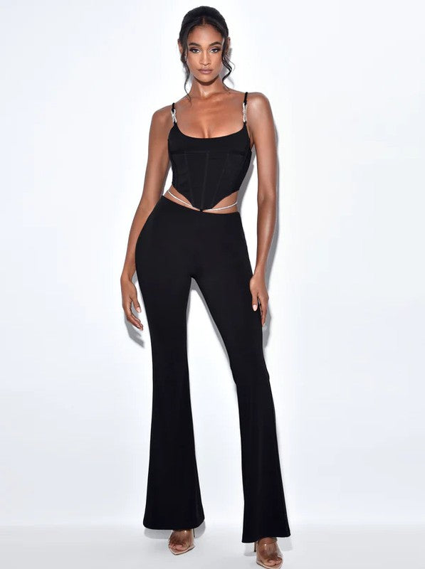 Tova Black Crystal Waist Strap Flare Pants (only trousers)