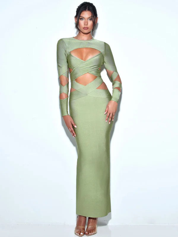 Clara Basil Maxi Long Sleeve Bandage Dress WAMA>MODA Clara Basil Maxi Long Sleeve Bandage Dress WAMA>MODA