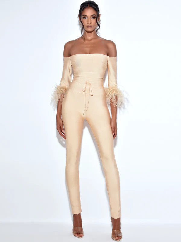 Quella Beige Off Shoulder Feather Sleeve Bandage Jumpsuit