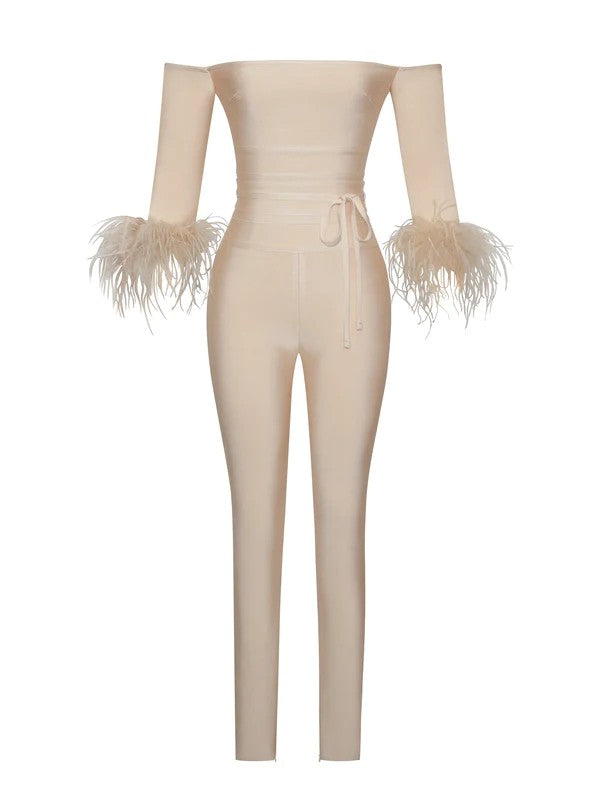 Quella Beige Off Shoulder Feather Sleeve Bandage Jumpsuit