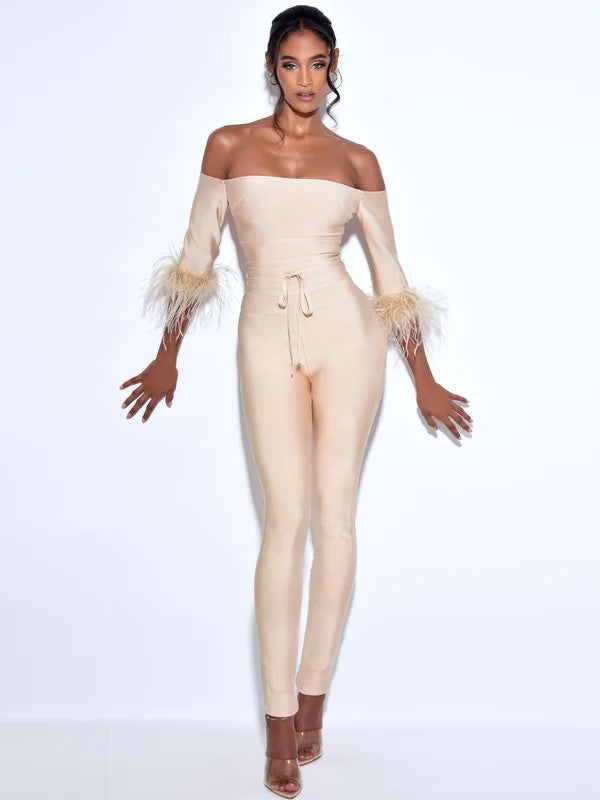 Quella Beige Off Shoulder Feather Sleeve Bandage Jumpsuit