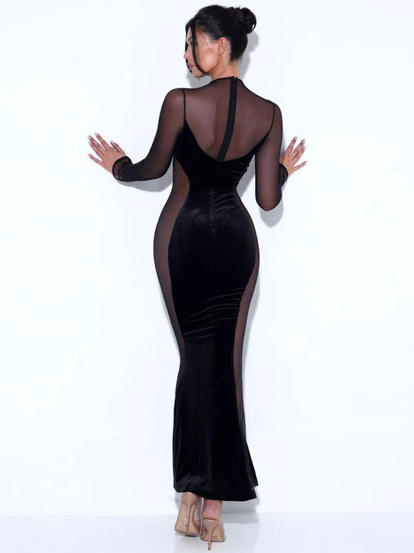 Paislee Black Velvet Mesh Long Sleeve Gown