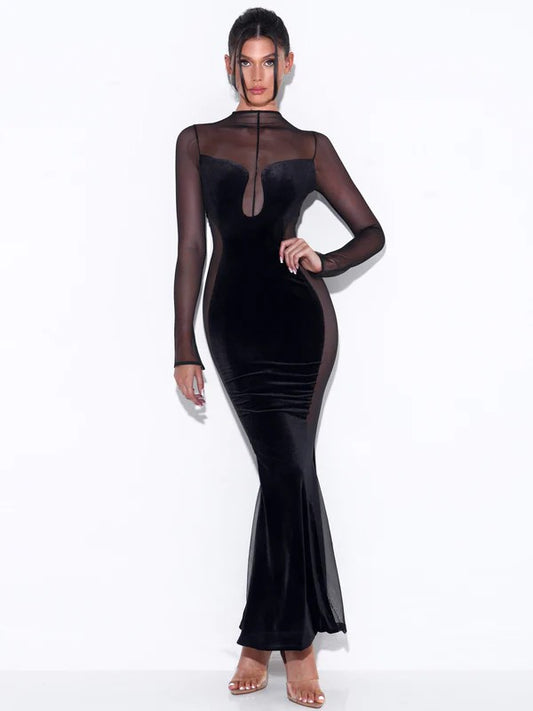 Paislee Black Velvet Mesh Long Sleeve Gown