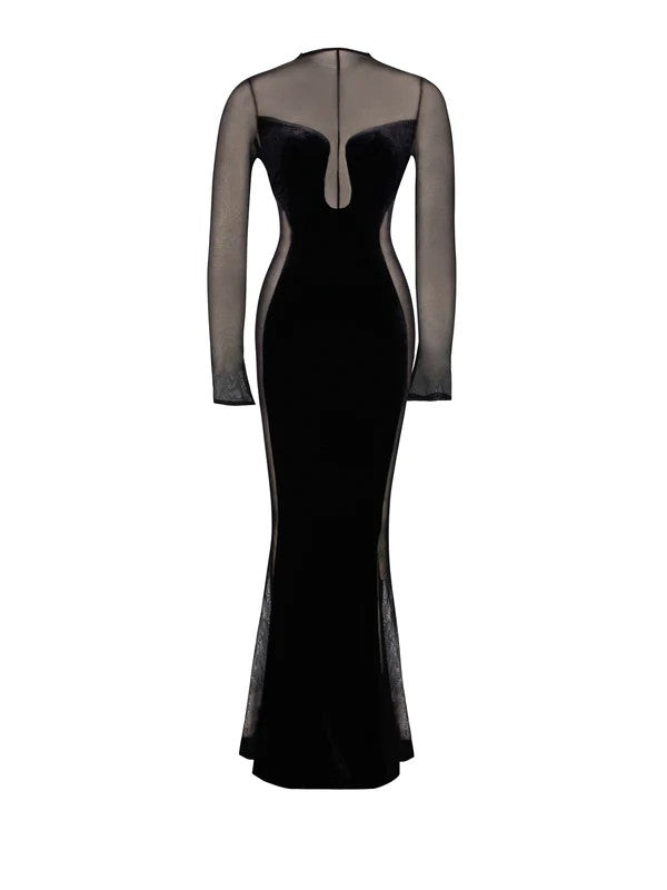 Paislee Black Velvet Mesh Long Sleeve Gown