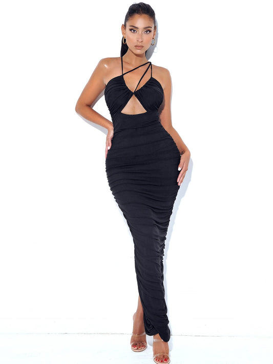 Felis Black Lace-up Strappy Ruched Mesh Dress